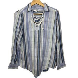 Sonoma Womens Blue Striped Pullover Top with Lace Collar Size Medium